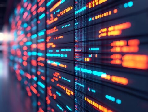 Abstract digital background with lines of code in red and blue.