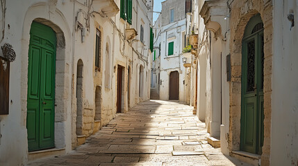 Charming narrow alley with old buildings in ostuni, puglia, italy, showcasing traditional architecture and green doors on a sunny day.