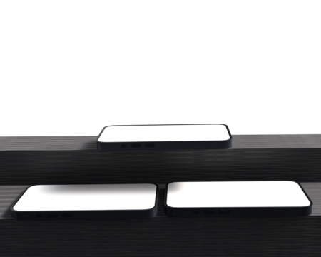 Modern smartphone mockups feature blank white screens displayed at different angles. They are ideal for showcasing app designs, UI prototypes, or branding concepts.