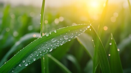 Naklejka premium A leaf is covered in raindrops, and the sun is shining through the leaves