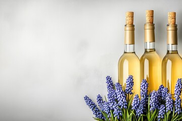 Bottles of white wine with fresh grape hyacinths on light background