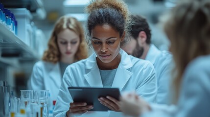 CRISPR research team analyzing data on digital tablet in laboratory environment