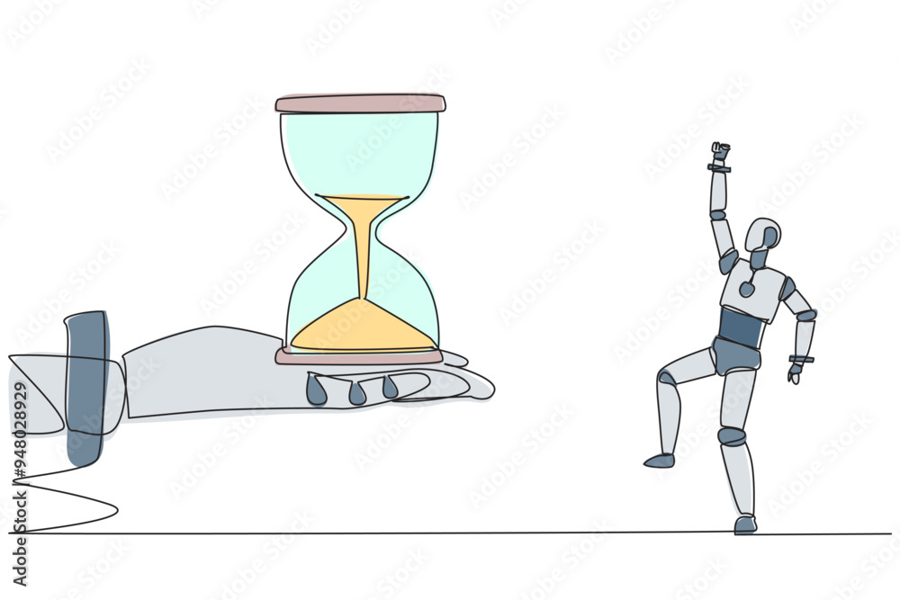 Poster continuous one line drawing a robot excited to get the hourglass from the giant hand. no time limit.