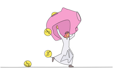 Single continuous line drawing Arabian businessman running lifting big piggy bank on shoulders. Dollar symbol coin falling. Financial conditions were volatile. One line design vector illustration