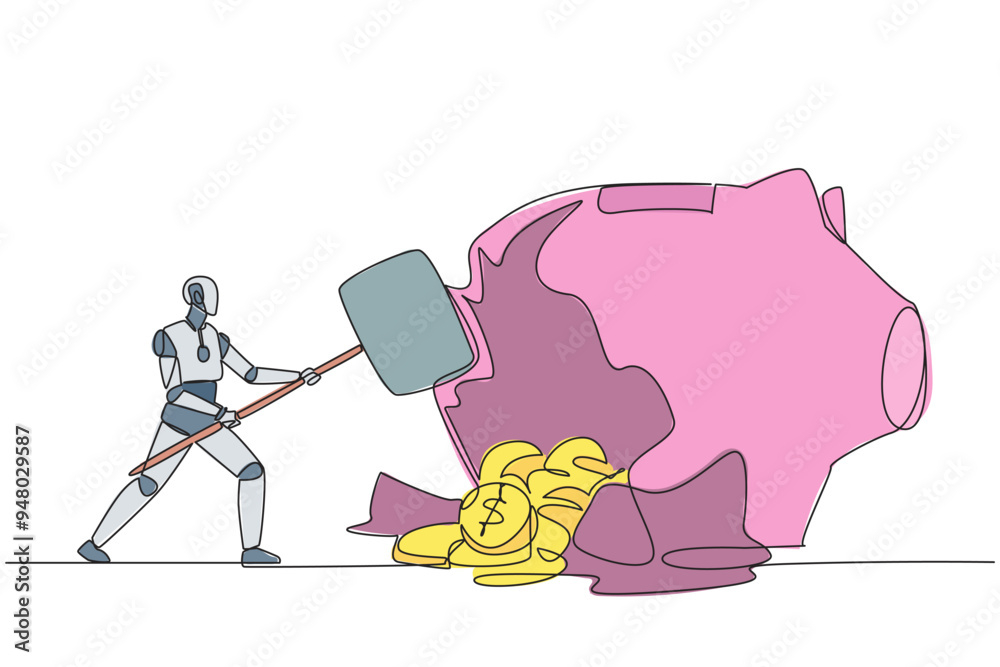 Poster continuous one line drawing robot hit big piggy bank with a big hammer until it cracked. coins scatt