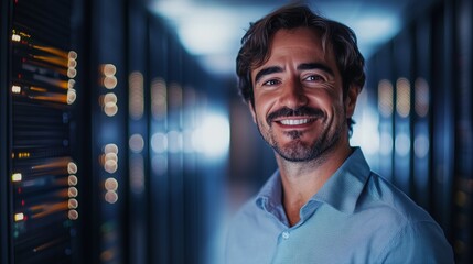 Smiling IT professional standing confidently in a server room during early evening hours, showcasing modern technology