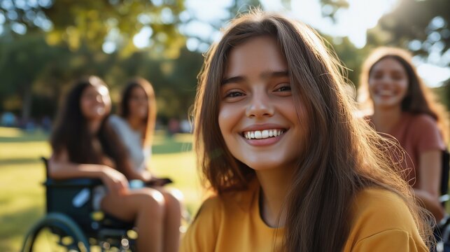 close up bruette caucasian girl sitting in wheelchair in a park with her friends smiling at camera with toothy smile on sunny day --ar 16:9 --v 6.1 Job ID: 31a50e19-5121-4478-a302-5ba5ade0b723