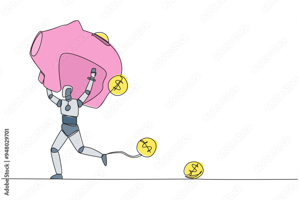 Poster single continuous line drawing robot running lifting piggy bank on shoulders. dollar symbol coin fal