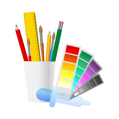 Stationery with pencil, brush and pipette. Vector illustration
