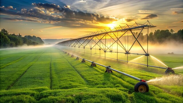 Foggy morning mist veils a modern automated irrigation system, with dew-kissed pipes and sprinklers amidst lush green grass, in a serene agricultural landscape setting.
