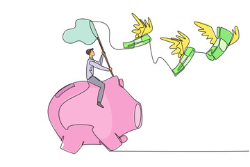 Continuous one line drawing businessman riding piggy bank catching flying banknotes. Hit by financial crisis. Financial problem. No profit yet. Extra work. Single line draw design vector illustration