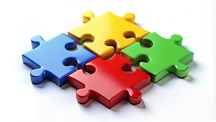 Obraz premium Four colorful puzzle pieces fitting together to form a complete whole, symbolizing unity, collaboration, and problem-solving on a white background with shadows.