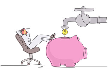 Single continuous line drawing Arab businessman sit relax on chair to see money faucet flow into savings piggy bank. Financial freedom. Guaranteed finances. Profit. One line design vector illustration