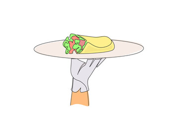 Single one line drawing one of the typical Mexican foods. Rolled in a tortilla which made from corn flour. Contains chicken or beef. Low protein foods.  Continuous line design graphic illustration