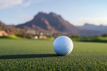 Golf ball on green fairway with mountain backdrop