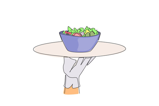 recommend clip art: Single continuous line drawing the waiter holds a food tray serving salad. Greek salad. Fresh fruit slices. Served on a bowl. Served cold is more delicious. Tasty. One line design vector illustration