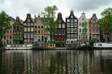 Naklejka premium Traditional dutch houses reflecting in the canal on a cloudy day in amsterdam, netherlands