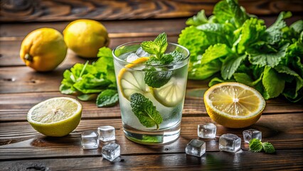 Fototapeta premium Fresh green lettuce leaves surround a refreshing glass of clear iced drink with a slice of lemon, garnished with mint, on a wooden table background.