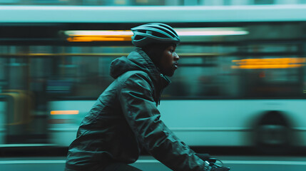 Man Riding Bike Down Street Next Bus