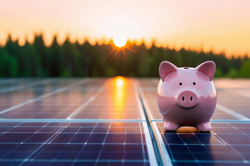 solar energy. Piggy bank on a solar panel at sunset against a forest background