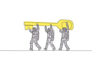 Continuous one line drawing group of astronauts work together carrying the key. Offer the best solution. Key to success. Cosmonaut outer space. Expedition. Single line draw design vector illustration