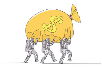 Single continuous line drawing a group of astronauts work together to carrying money bag. A hugely successful space expedition mission. Bring maximum profits. One line design vector illustration