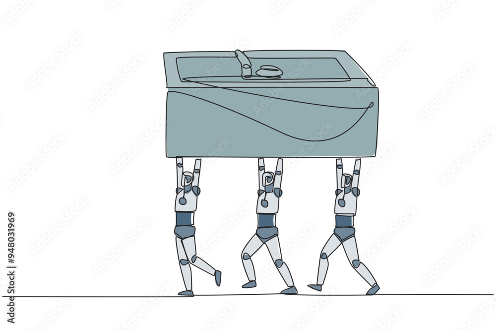 Poster continuous one line drawing a group of robots work together carrying safe deposit box. take part in 
