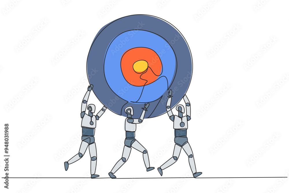 Poster single continuous line drawing group of robots work together carrying arrow target board. work toget