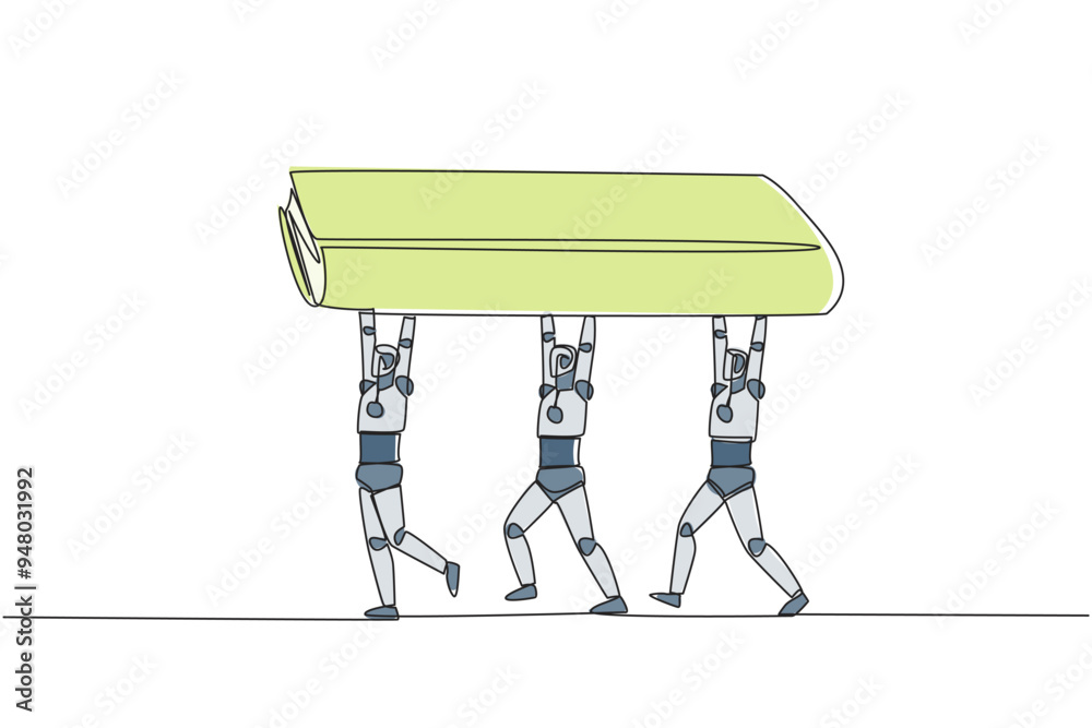 Poster single one line drawing a group of robots work together carrying a book. implementation of artificia