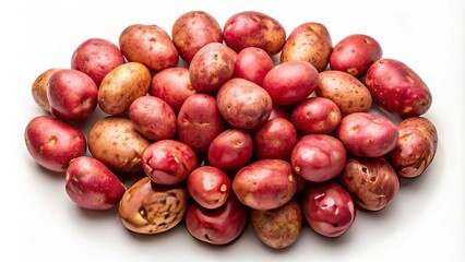 Obraz premium Freshly dug, vibrant red potatoes with rough brown skin and white flesh, artistically arranged in a circular pattern on a crisp white background, isolated.