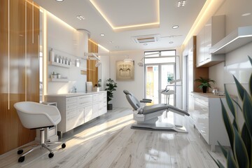 A modern dentist office with white cabinets, a grey examination chair, and a plant
