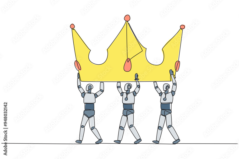 Poster continuous one line drawing group of robots work together to carrying crown. king in the world of te