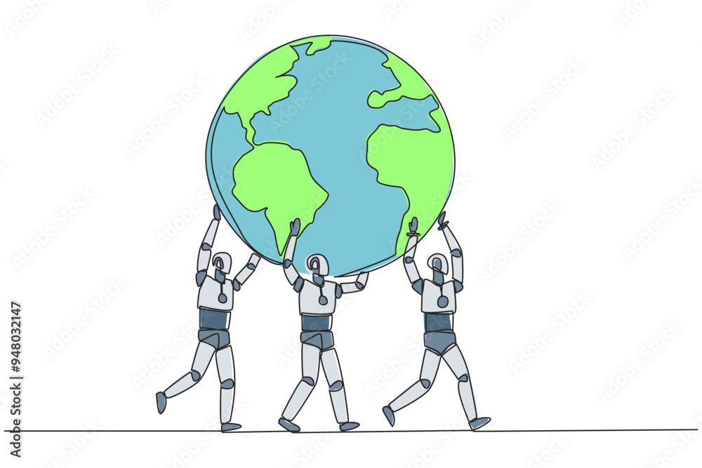 Poster single continuous line drawing group of robots working together carry globe. globalizing artificial 