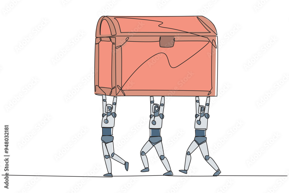 Poster single continuous line drawing group of robots work together carrying treasure chest. detect profita