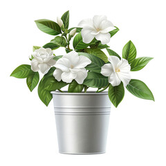 A beautiful white flower plant in silver pot, exuding freshness and tranquility. lush green leaves complement delicate blooms, creating serene atmosphere. 