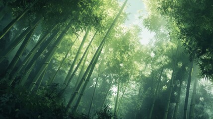 Obraz premium Tall, green bamboo trees swaying gently in the breeze, serene and lush