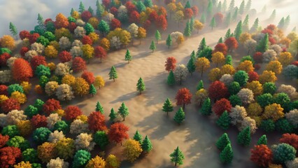 Fototapeta premium Aerial View of an Autumn Forest with Mist and Sunlight