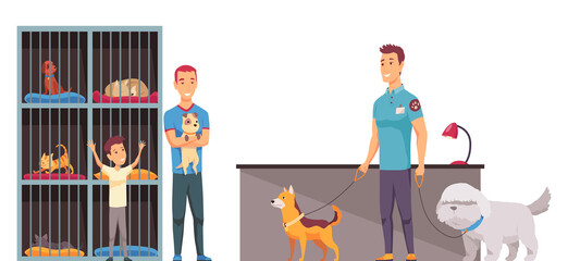 Obraz premium Animal shelter homeless pets, adoption banner layout. Finding new house for pet and homeless domestic animals care. Colorful illustration in flat cartoon style