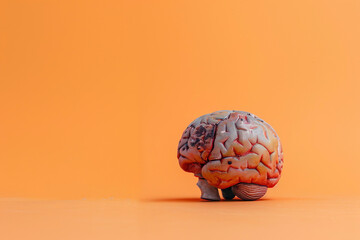 Realistic brain model on orange background. World meningitis day, copy space