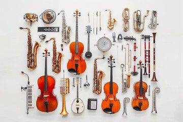 Array of Classical and Jazz Musical Instruments in Vibrant Orange and Golden Tones. International music day. Flat lay