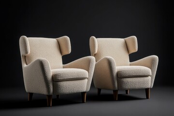 Fototapeta premium pair of modern cream wingback armchairs with soft edges, textured fabric upholstery, and elegant wooden legs in contemporary design on dark background