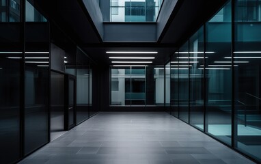 modern empty office space with glass walls and minimalist design in contemporary corporate building with natural light