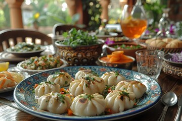 Gourmet Dumplings on Traditional Plate with Fresh Herbs and Side Dishes Perfect for Culinary Design and Food Magazines