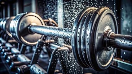 Glistenings of moisture cling to a metallic fitness equipment handle, amplifying the intensity of a grueling workout in a steamy, dimly lit gym atmosphere.