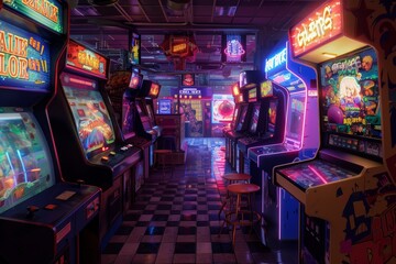 A dimly lit arcade with rows of classic arcade games