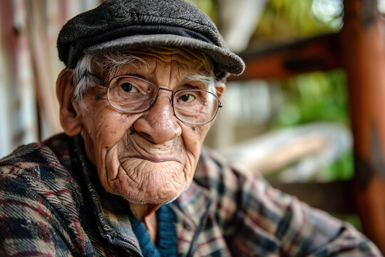 Portrait of an Elderly Man Wearing Glasses and a Hat in a Cozy Outdoor Setting. An elderly person international day