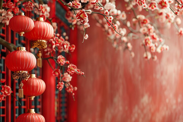 Elegant Asian Lanterns and Blossoming Branches in a Red Traditional Setting. China National Day, copy space