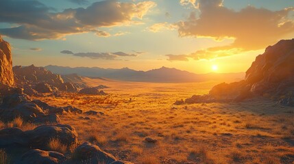 Expansive Desert Terrain with Majestic Rock Formations and Subtle Sunset Hues for Stunning Views