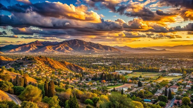 Golden hour panorama of the San Fernando Valley with rolling hills, suburban neighborhoods, and distant mountain ranges under a warm, cloudy sky.