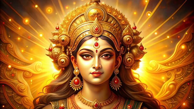 Golden-hued, serene goddess Durga's face, adorned with intricate jewelry and a delicate bindi, radiates power and femininity against a vibrant, warm-toned background.